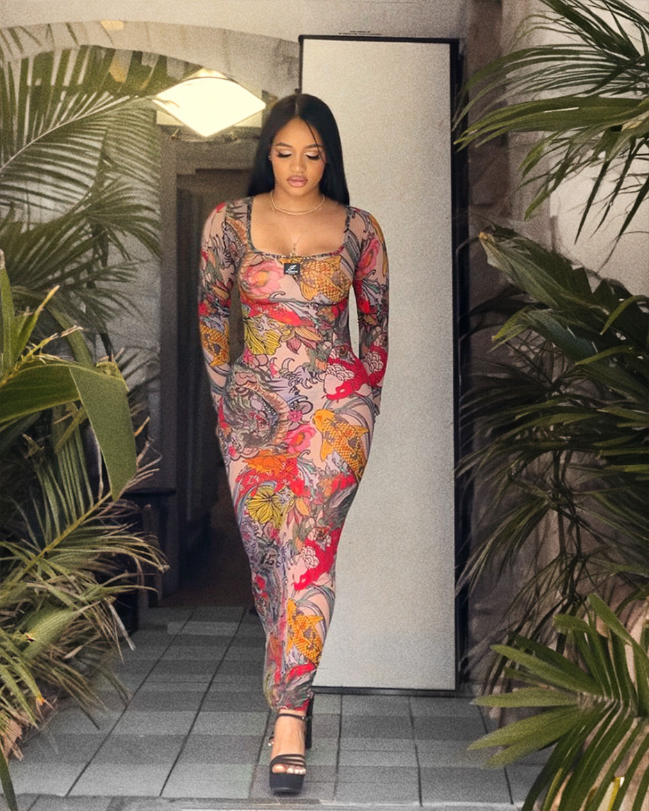 Koi Fish Floral Maxi Dress | Long Sleeve Bodycon