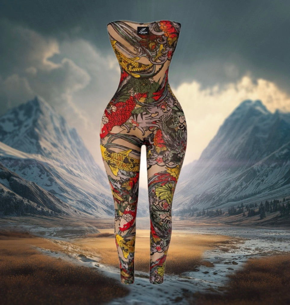Samai Jumpsuit | Koi Dragon Tattoo Print Mesh Jumpsuit | JLorraine