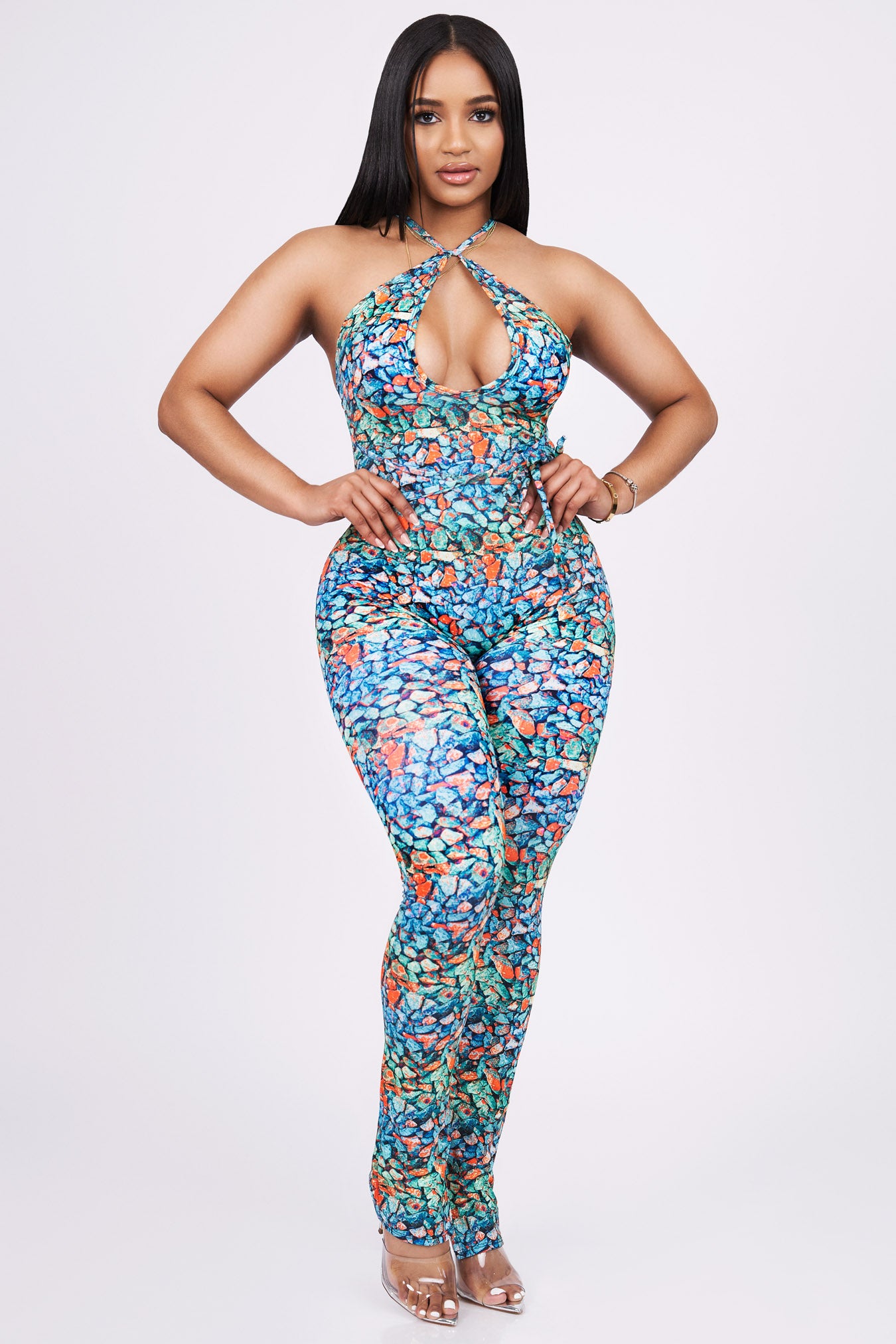Seashore Jumpsuit – Multicolor Abstract Halter Neck | JLorraine