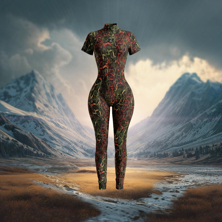 Camouflage-patterned jumpsuit in a mountainous landscape