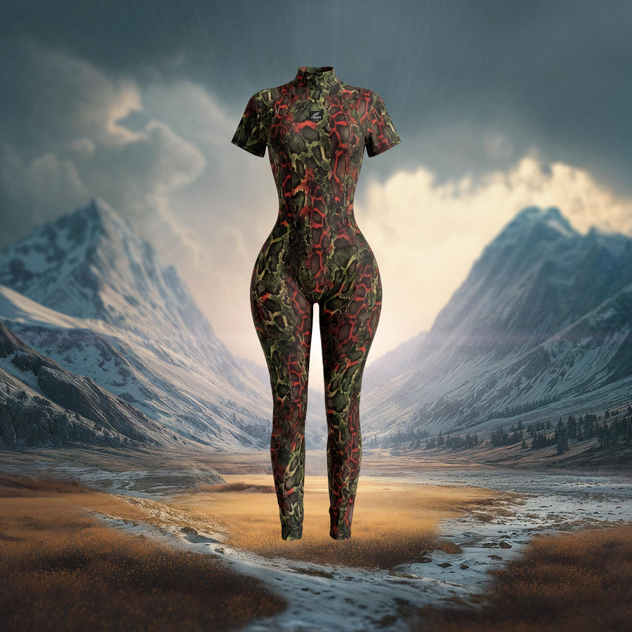 Camouflage-patterned jumpsuit in a mountainous landscape