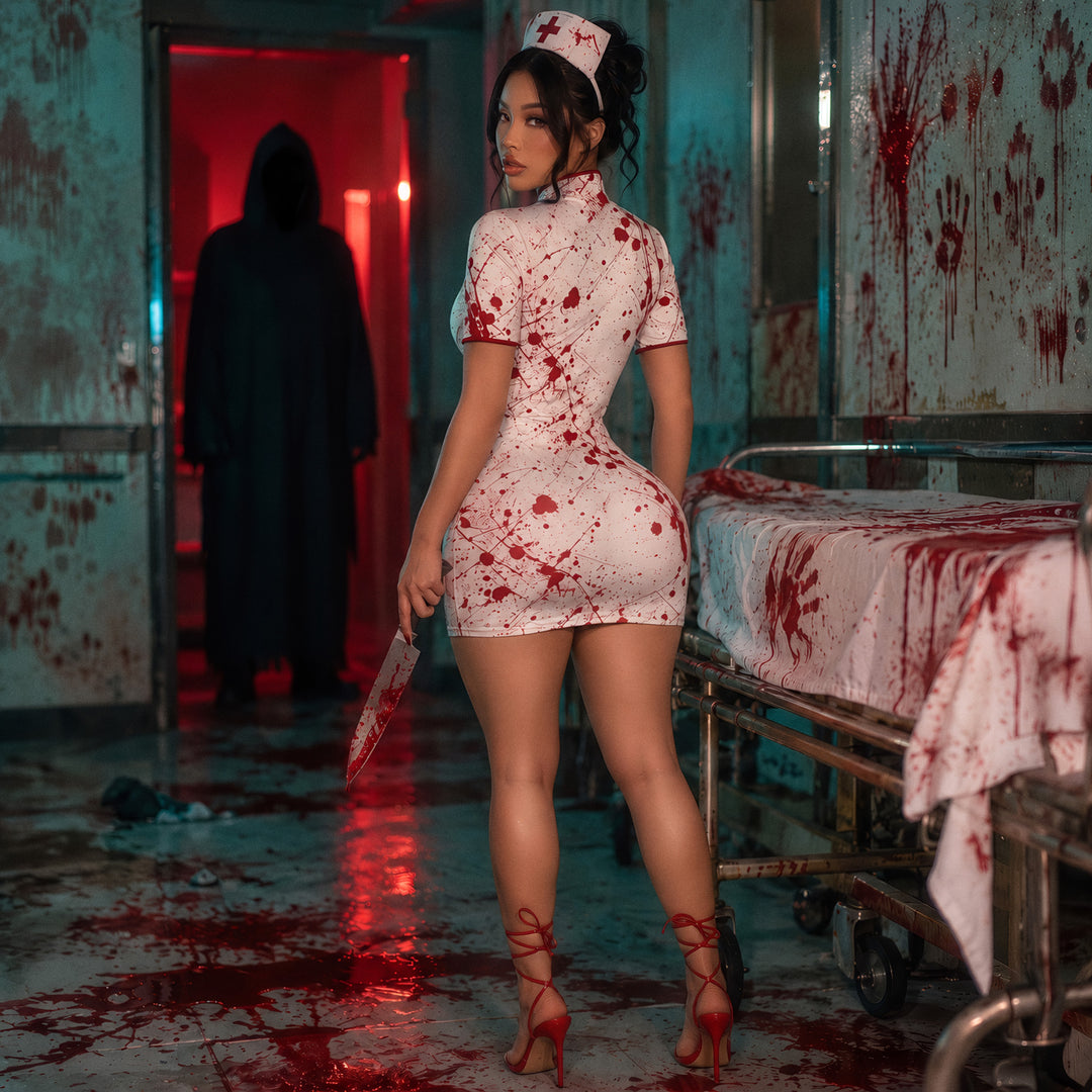 Bloody Mary Dress back view - model in a white blood splatter qipao mini dress, clean back with red trim at the collar and short sleeve cuffs. Nurse cap, heels and props shown are not included.