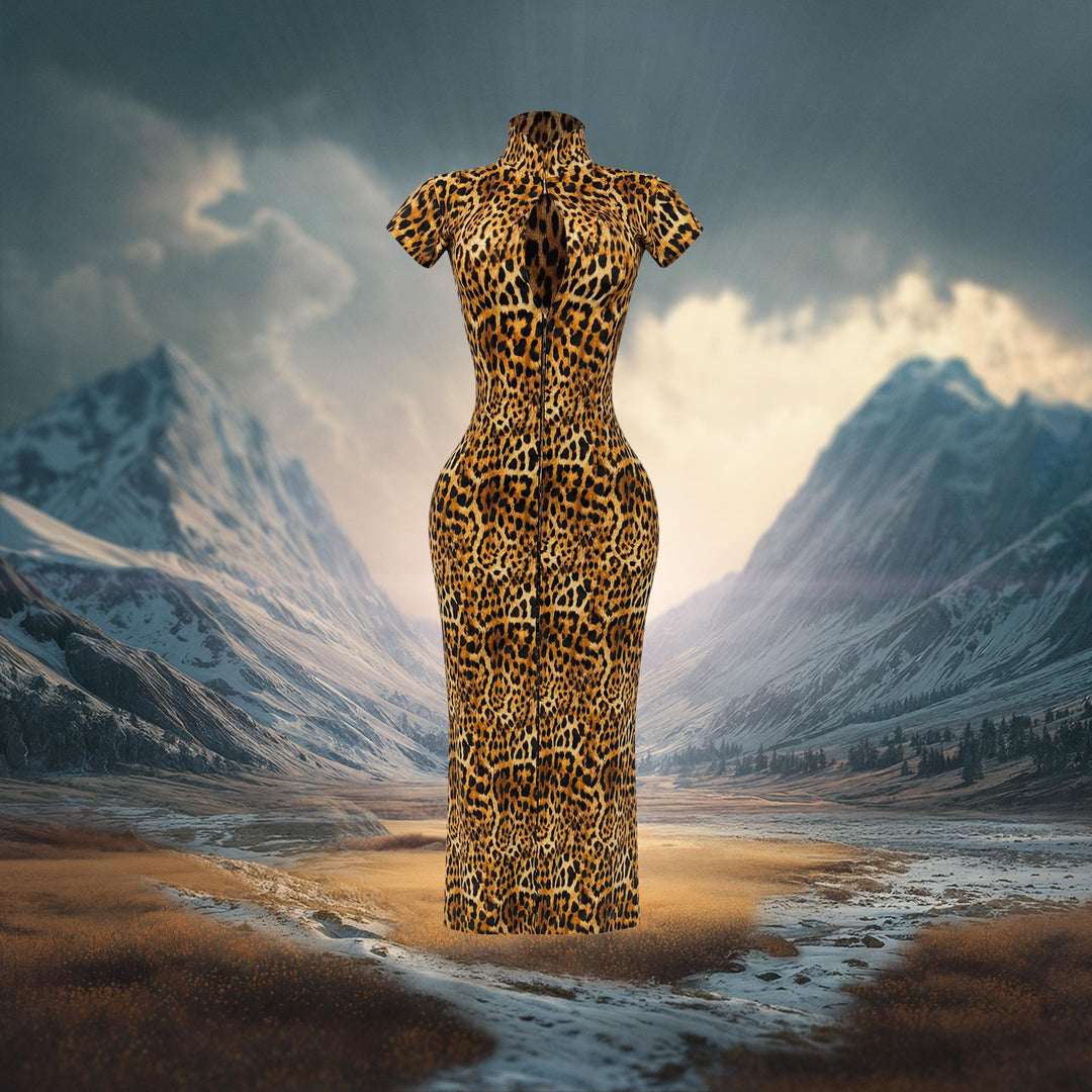 Cleopatra Dress | Leopard Print Zip-Front Bodycon Maxi
