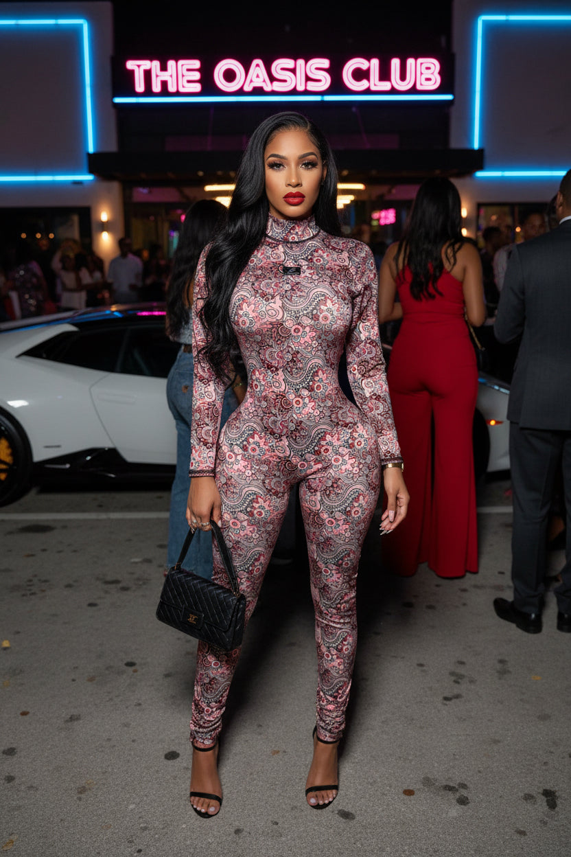 【美品】ローレン　louren zip up jumpsuits Mackenzie Jumpsuit | Printed Bodycon Long Sleeve | JLorraine