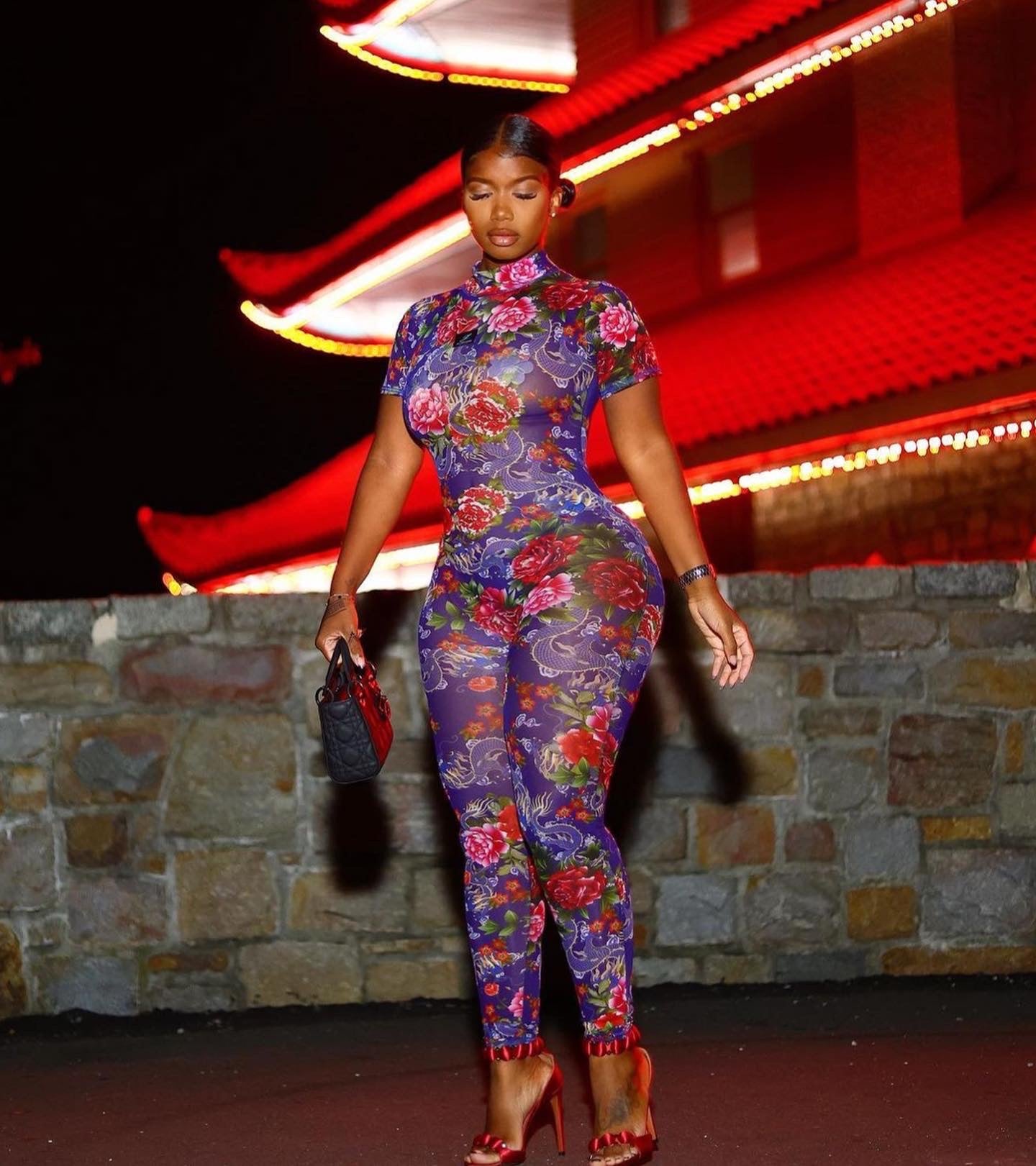 Imperial Jumpsuit – Asian Dragon Floral Print Sheer Mesh