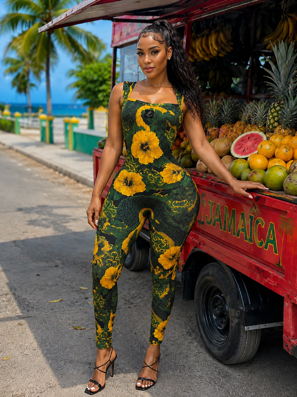 Model wearing the Koffee Jumpsuit in green dragon and yellow hibiscus print with square neckline and full-length fitted legs