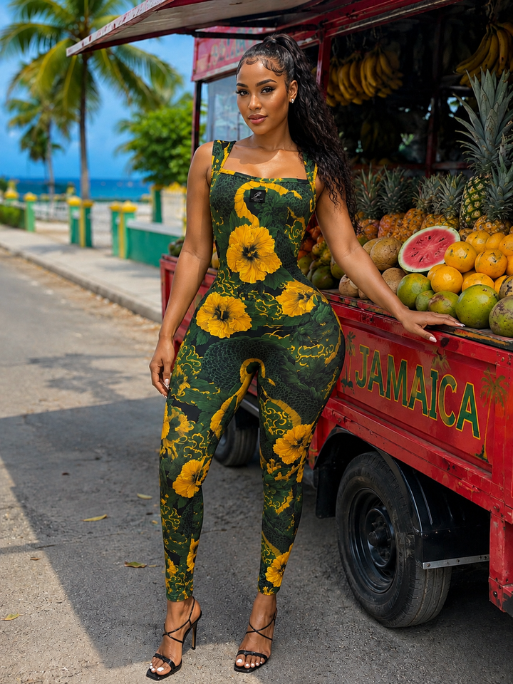 Model wearing the Koffee Jumpsuit in green dragon and yellow hibiscus print with square neckline and full-length fitted legs