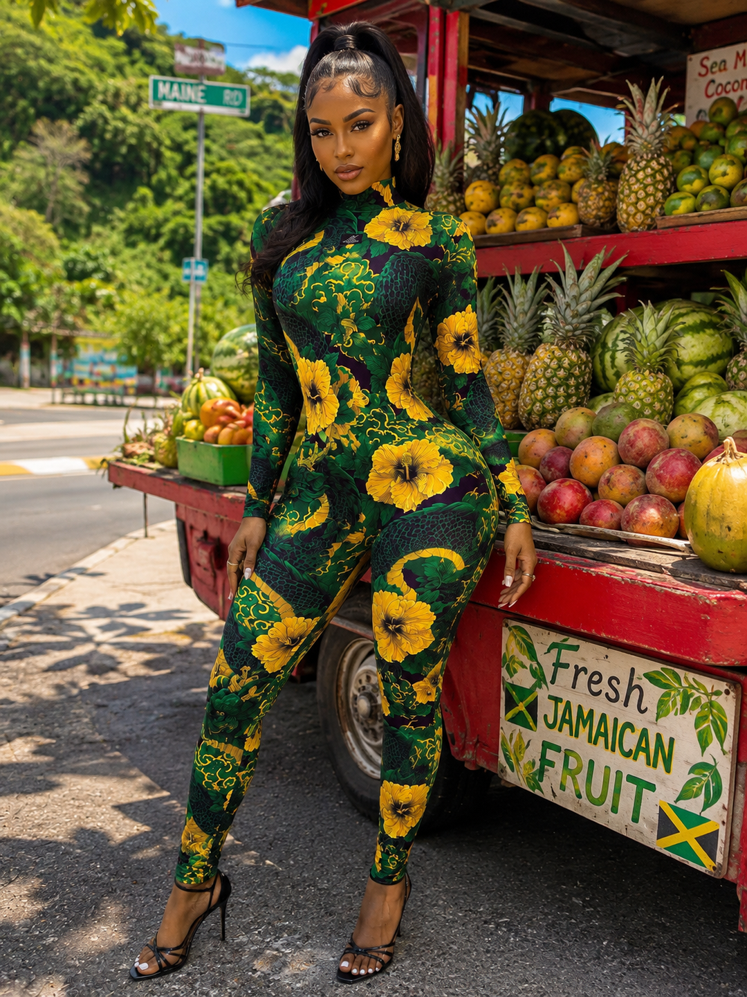 Model wearing the Rita Long Sleeve Jumpsuit in green dragon and hibiscus print with mock turtleneck and long sleeves