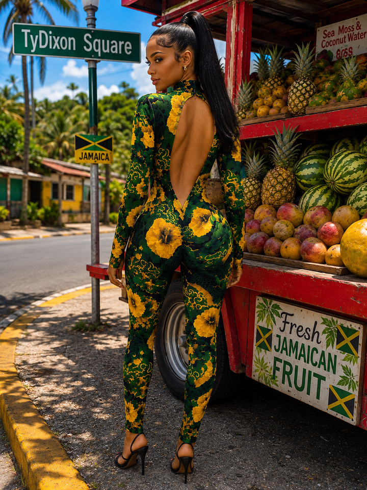 Back view of the Rita Long Sleeve Jumpsuit showing the wide open back cutout in green dragon hibiscus print
