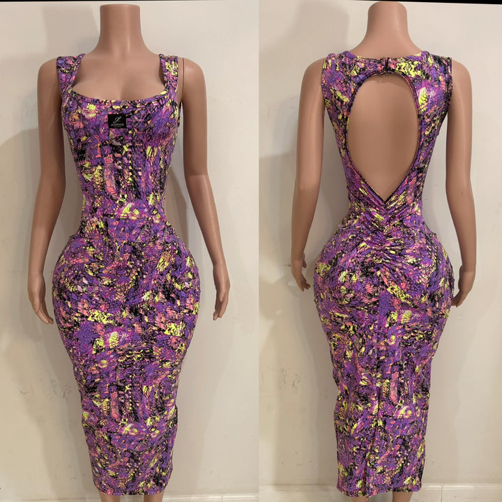 Purple floral dress on a mannequin with front and back views against a plain background