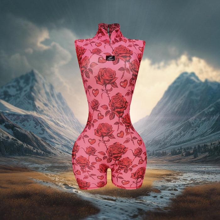 Pink romper with red rose pattern in a mountainous landscape
