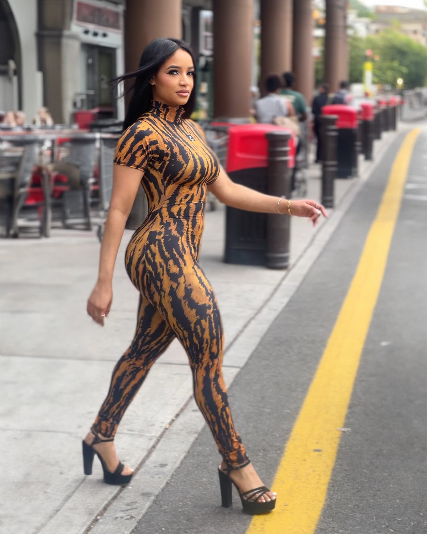 Kathy Jumpsuit – Tiger Stripe Print Mock Neck Open Back