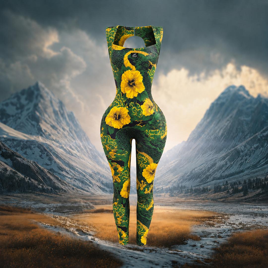 Koffee Jumpsuit in green dragon and yellow hibiscus print with square neckline, keyhole back cutout and full-length legs