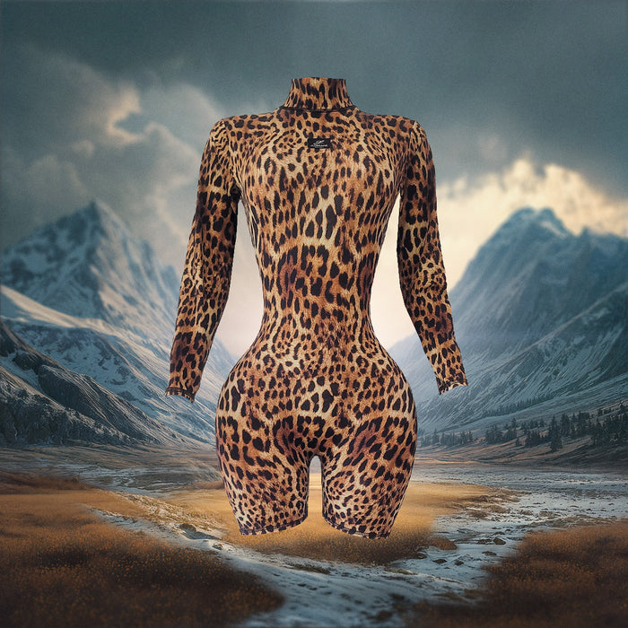 Leopard print bodysuit in a mountainous landscape