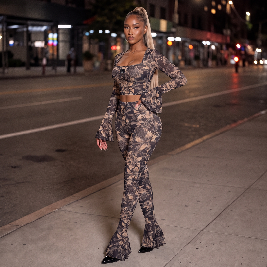 Midnight Kiss Mesh Set three-quarter view - full-length see-through purple floral mesh two-piece showing the bell sleeve cuff and the flare breaking from the knee