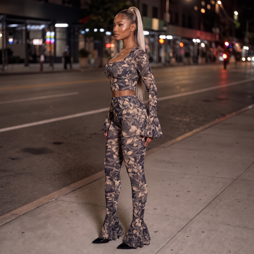 Midnight Kiss Mesh Set side view - sheer purple floral mesh crop top and high-waisted flare pants with a ruffled trumpet hem