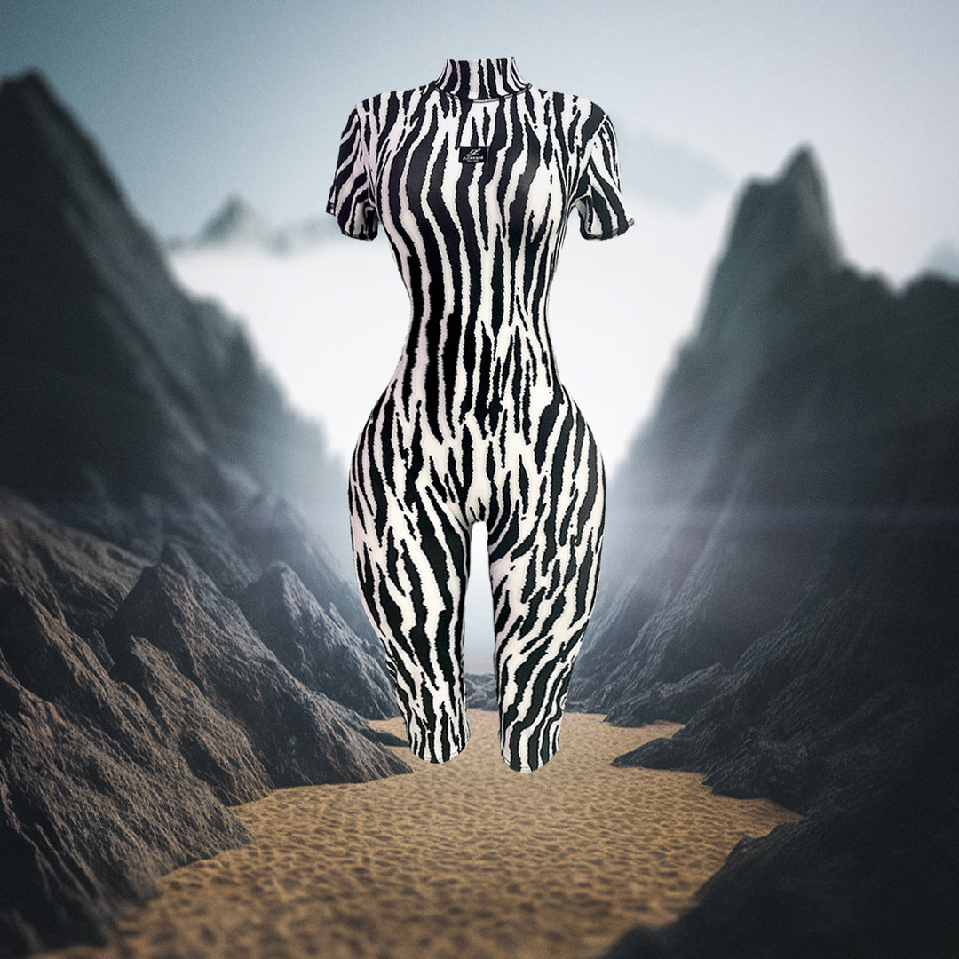 Zebra-striped bodysuit in a desert landscape with mountains.