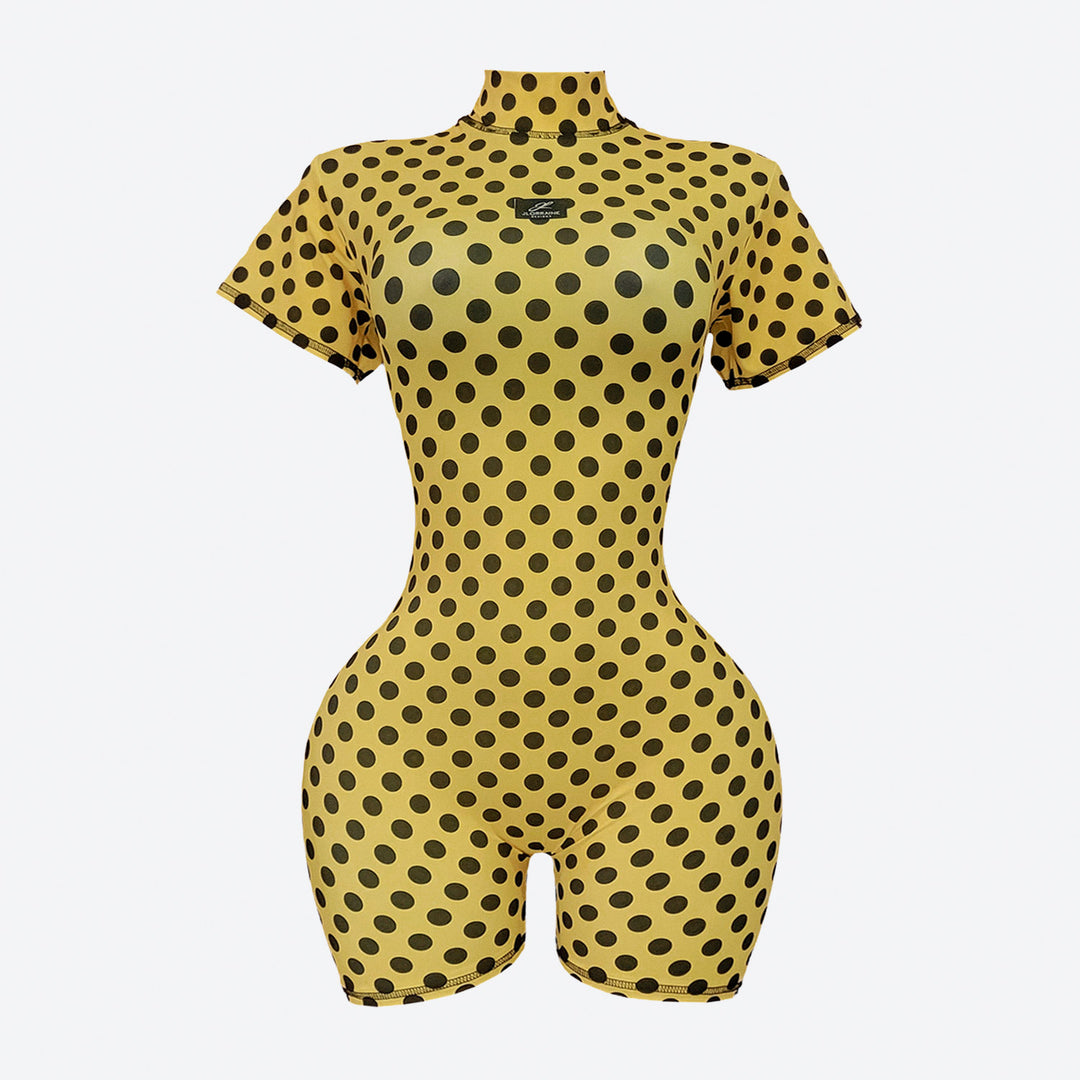 Sanity romper-yellowBaseBlackDots-front-wbg