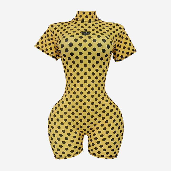 Sanity romper-yellowBaseBlackDots-front-wbg