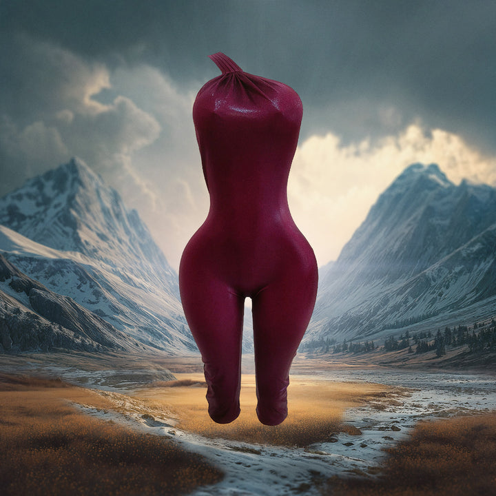 Pink rubber suit floating in a mountainous landscape