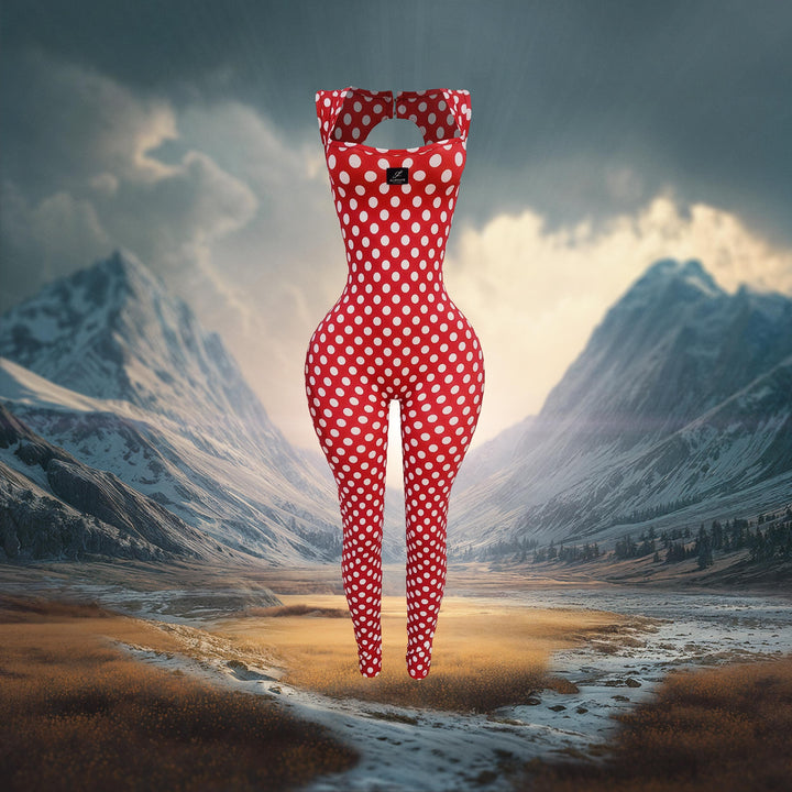 Red polka dot jumpsuit against a mountainous landscape
