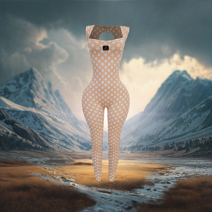 Tan Polka dot jumpsuit standing in a mountainous landscape