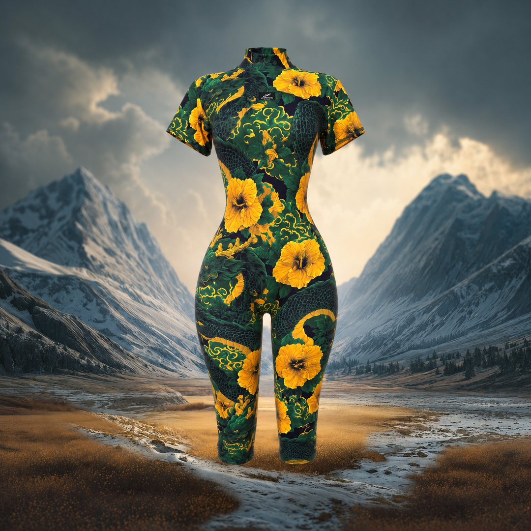 Spice Capri in green dragon and golden hibiscus print with mock neck, short sleeves and capri-length legs