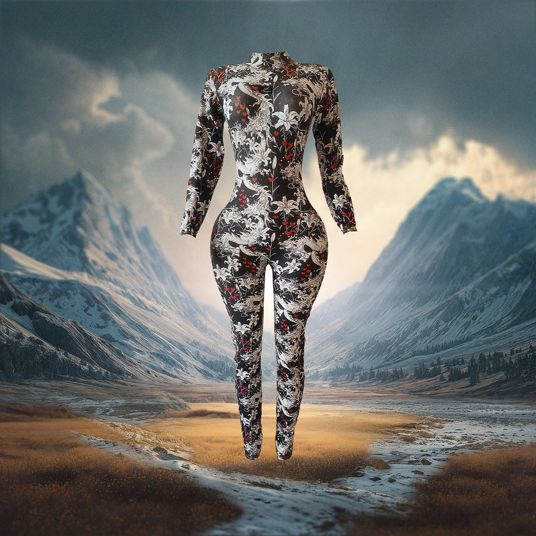 Floral-patterned jumpsuit in a mountainous landscape