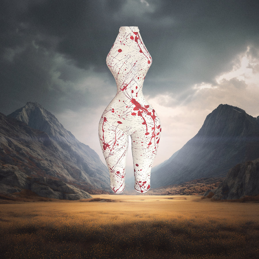 White figure with red splashes against a mountainous landscape