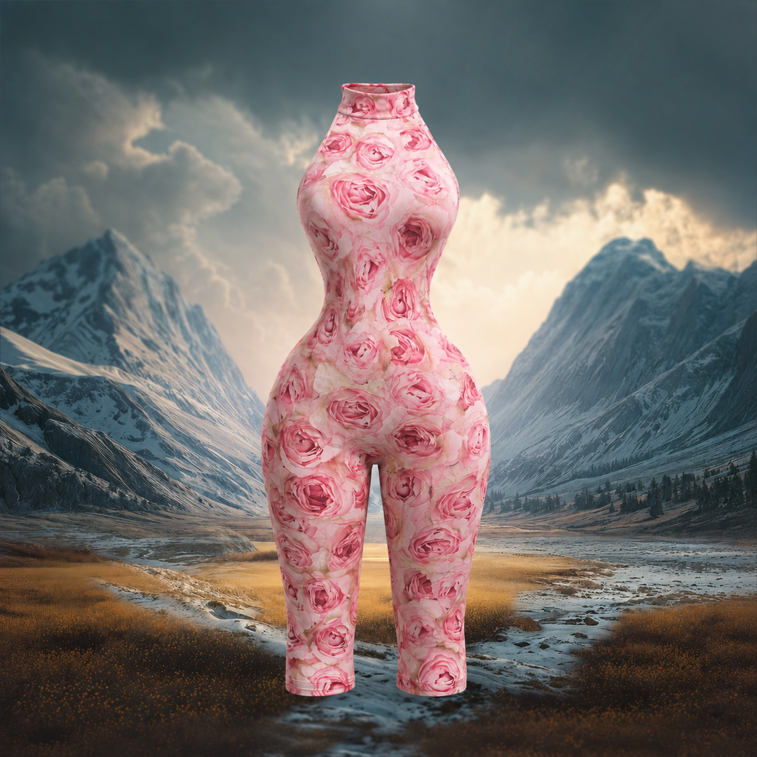 Blossom Capri in pink rose floral print with halter mock neck and knee-length capri legs