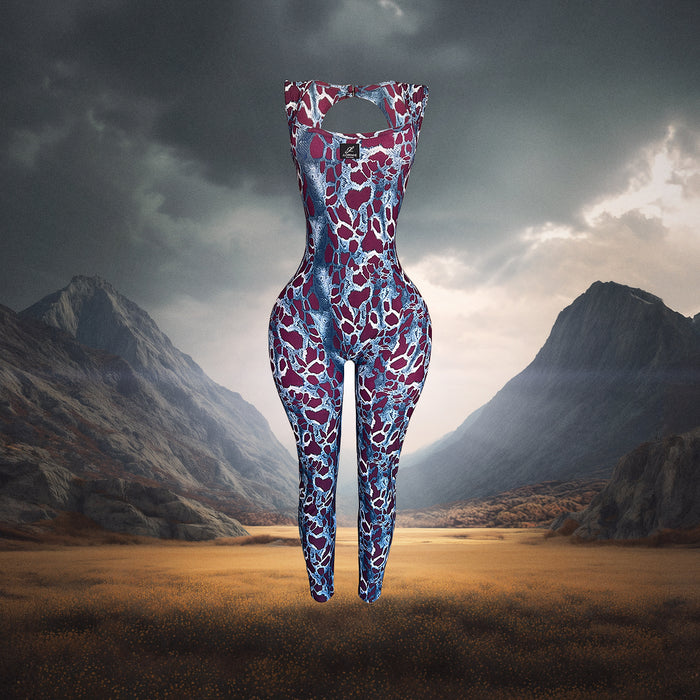 Colorful snake patterned outfit blue and burgundy