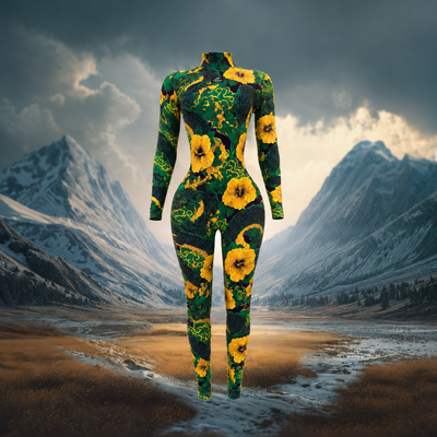 Rita Long Sleeve Jumpsuit in green dragon and golden hibiscus print with mock turtleneck and full-length legs